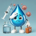 Water drop cartoon worried about the arrival of new viruses on planet earth. World Water Day. AI generated