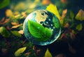 Water drop in earth shape with green leaves in the jungle. World Environment Day and World Water Day concept. Environmental Royalty Free Stock Photo