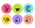 Water Drop, Face Scanning And Mint Leaves Icons Set. Medical Phone, Medical Pills And Face Protection Signs. Vector