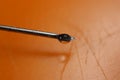 Water drop falling from the syringe needle against orange background Royalty Free Stock Photo