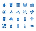 Water drop flat glyph icons set. Aqua filter, softener, ionization, disinfection, glass vector illustrations. Signs for