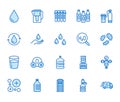 Water drop flat line icons set. Aqua filter, softener, ionization, disinfection, glass vector illustrations. Thin signs