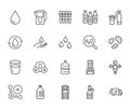 Water drop flat line icons set. Aqua filter, softener, ionization, disinfection, glass vector illustrations. Thin signs Royalty Free Stock Photo