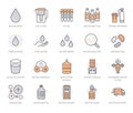 Water drop flat line icons set. Aqua filter, softener, ionization, disinfection, purification, glass, pump, drink vector