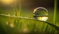 Water drop on grass blade with sun light. Beautiful nature background.