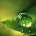 Water drop from green leaf on green bokeh blur background. Earth day concept Royalty Free Stock Photo