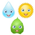 Water drop, green leaf, sun icons smiling characters with eyes Royalty Free Stock Photo