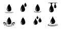 Water drop icon. Black liquid droplet silhouette. Set of raindrop with splash. Collection of simple blood drops. vector Royalty Free Stock Photo