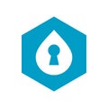 Water drop and key hole symbol, blue hexagon shape icon