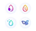 Water drop, No alcohol and Leaf dew icons set. Leaves sign. Crystal aqua, Mineral oil, Water drop. Grow plant. Vector Royalty Free Stock Photo