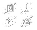 Water drop, Plunger and Window cleaning icons set. Hand washing sign. Vector