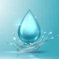 Water drop. Realistic aqua splash, 3D drop with spray from falling. Glossy droplet and smooth surface with reflection