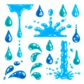 Water drop and splash. Cartoon liquid droplet graphic template, pure and clean water waves, morning dew and raindrop