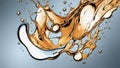 A water drop splash, showing the impact and the dispersion of water. The splash is clear and shiny,