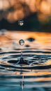 Water drop suspended above ripples at sunset Royalty Free Stock Photo