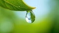 Water drop on the tip of a green leaf after rain. Macro photography. Reflection of sky in a drop. Selective soft focus