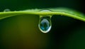 Water drop on the tip of a green leaf after rain. Macro photography. Sky reflection in the drop. Selective soft focus