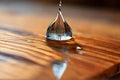 Water drop in wooden surface, light reflections and shadow