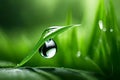 A water droplet clinging to a blade of fresh green grass