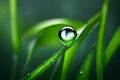 A water droplet clinging to a blade of fresh green grass