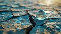 Water Droplet on Dry Cracked Earth. Drought, climate change, fresh water shortage concept Royalty Free Stock Photo