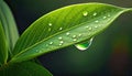 Water droplet hangs on the end of a leaf refracting light Royalty Free Stock Photo