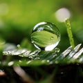A water droplet is sitting on top of a green leaf, AI