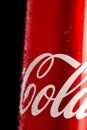 Water droplets on classic Coca-Cola can on black background. Studio shot in Bucharest, Romania, 2021 Royalty Free Stock Photo