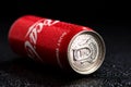 Water droplets on classic Coca-Cola can on black background. Studio shot in Bucharest, Romania, 2021 Royalty Free Stock Photo