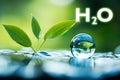 Water droplets, Green leaf and H2O symbol. Concept of nature and environment. Sustainability Royalty Free Stock Photo