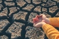 Water droplets in hand on barren ground