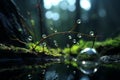 water droplets on a mossy branch in the forest