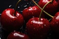 Water droplets on red ripe cherries on black background Royalty Free Stock Photo