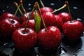 Water droplets on red ripe cherries on black background Royalty Free Stock Photo