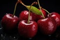 Water droplets on red ripe cherries on black background Royalty Free Stock Photo