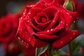 The water droplets on the red rose bloom in beautiful, natural shape by Generative AI