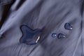 Water droplets on the water-repellent polyester fabric. Blue lining fabric for winter jacket. Close-up