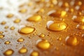 Water droplets resting on a smooth golden surface with reflections and textur Royalty Free Stock Photo