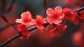 water droplets sparkled in the sunlight as they fell off the branch of red flowers. Generative AI