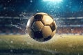 Water drops around soccer ball on blue background Generative AI