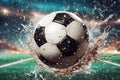 Water drops around soccer ball on blue background Generative AI