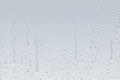 Water drops background. Shower steam condensation drips on transparent glass, rain drops on window. Vector realistic