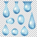 Water drops and bubbles. 3d realistic fresh blue droplet icons. Tear, dew or raindrop. Nature clean liquid shapes Royalty Free Stock Photo