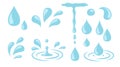 Water drops. Cartoon tears, nature splash elements. Isolated raindrop or sweat, wet droplets of dew shapes. Isolated