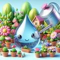 Water drops cartoon watering flowers in the garden. World Environmental Education Day. AI generated