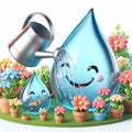 Water drops cartoon watering flowers in the garden. World Environmental Education Day. AI generated