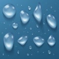 Water drops, clear dews of different shapes set Royalty Free Stock Photo