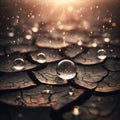 Water drops close-up on dried cracked soil. Royalty Free Stock Photo