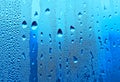 Water drops on glass, natural blue texture