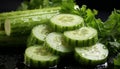 water drops on cucumbers with celery on black background generative AI Royalty Free Stock Photo